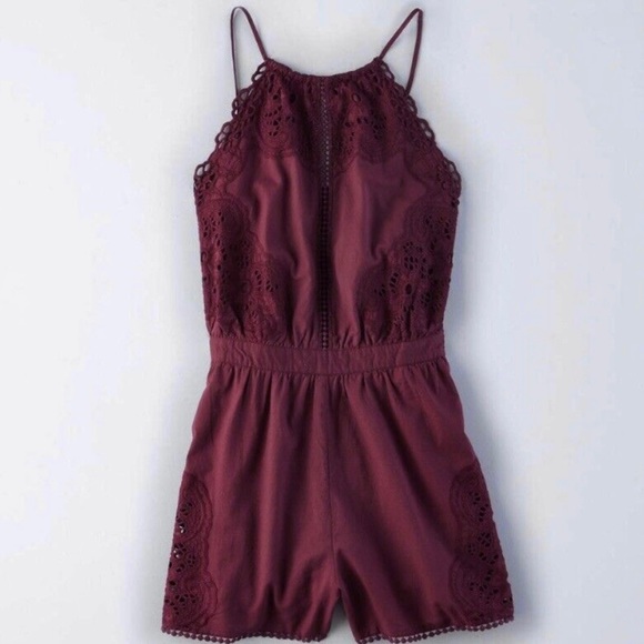 American Eagle Outfitters Pants - American Eagle Maroon Burgundy Crochet Lace High Neck Sleeveless Romper sz Large